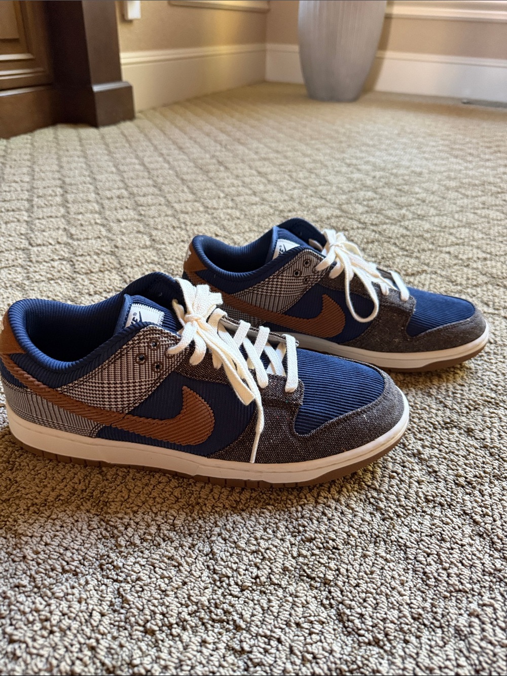 Nike Men’s Dunk Low-Top Sneakers - Navy and Brown Corduroy and Tweed